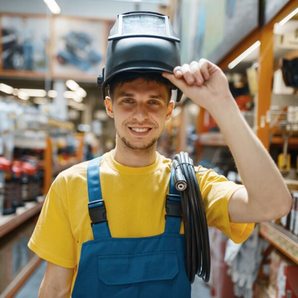 male lifting welding mask from face