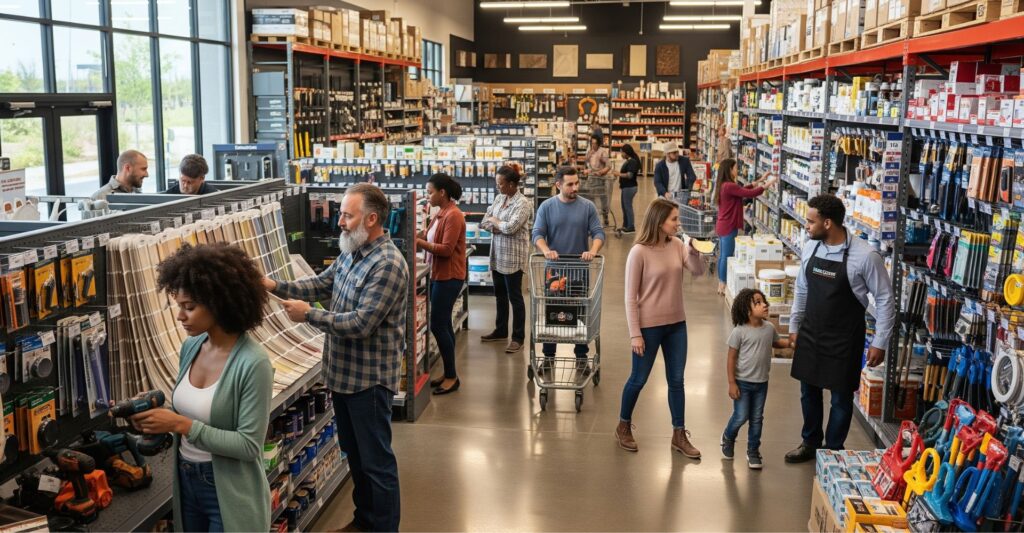 A diverse group of people are Browse the aisles of a modern hardware store.
