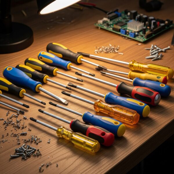 A variety of screwdrivers on a workbench.