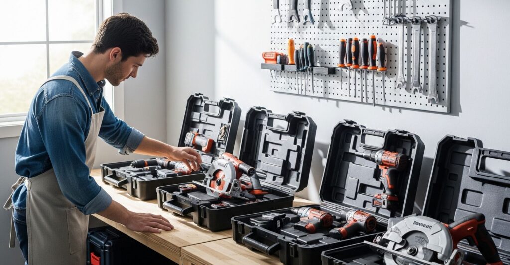 A thoughtful person in a bright workshop contemplates different power tool kits on a clean workbench.