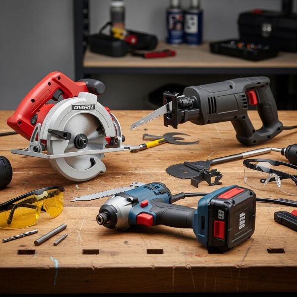 A collection of various power tools, including a circular saw and an impact driver, laid out on a workbench.