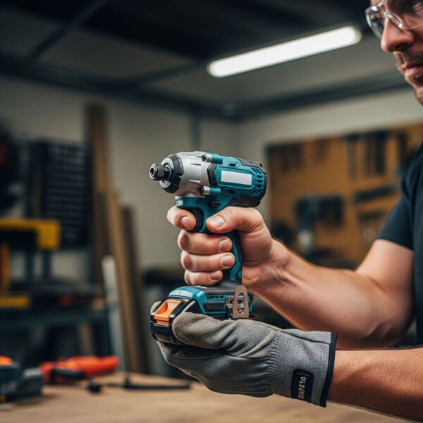 A person's hands are shown comfortably holding an ergonomic power tool in a bright workshop.
