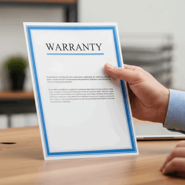 A close-up shot of a hand holding a warranty certificate with "WARRANTY" written on it, set against a blurred office background.