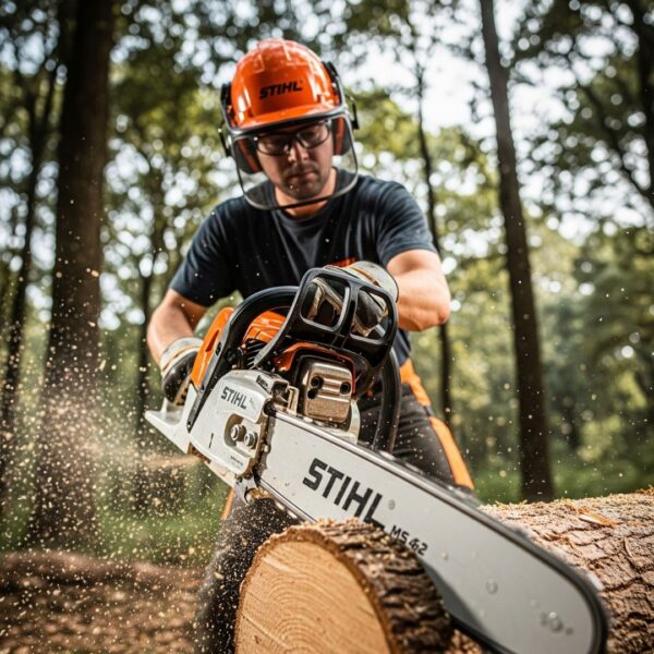 man using a Stihl chainsaw to cut a tree
