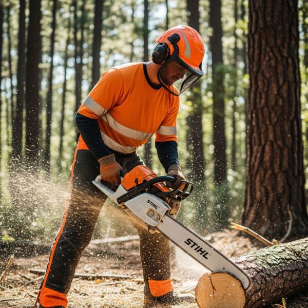 man using a Stihl chainsaw to cut a tree