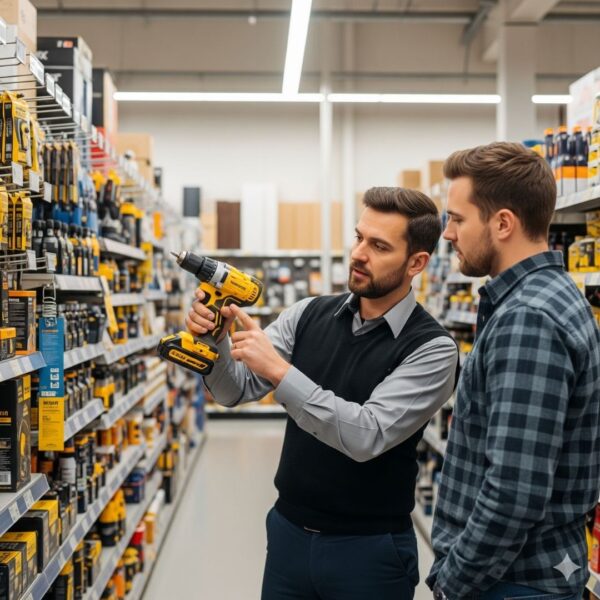 talking to a worker about power tools