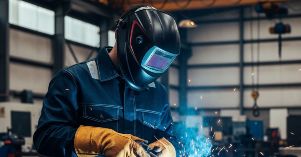 A professional welder wearing comprehensive welding safety equipment in a workshop environment.