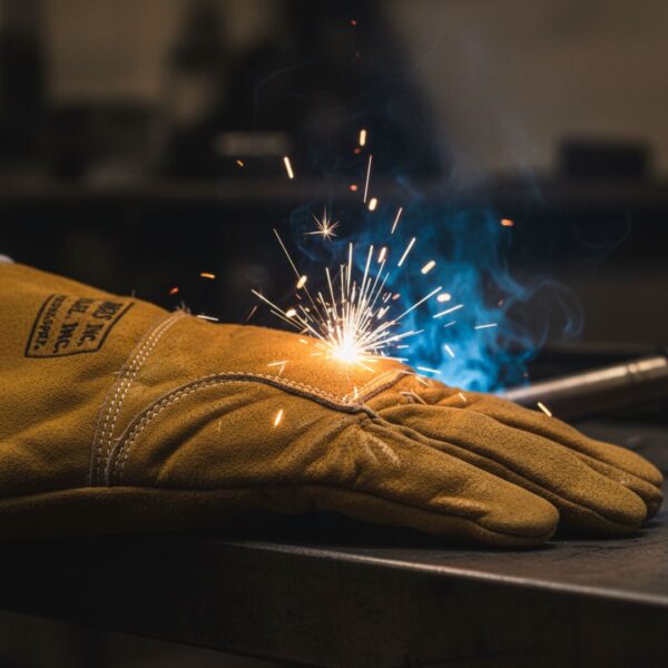 A hot spark from a weld deflects safely off a thick leather welding glove.
