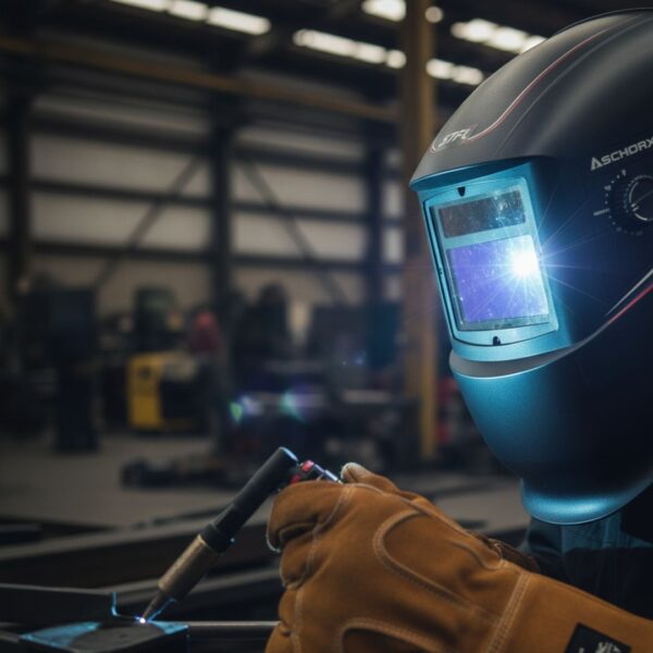 The lens of an auto-darkening welding helmet safely filtering the bright light of a weld.
