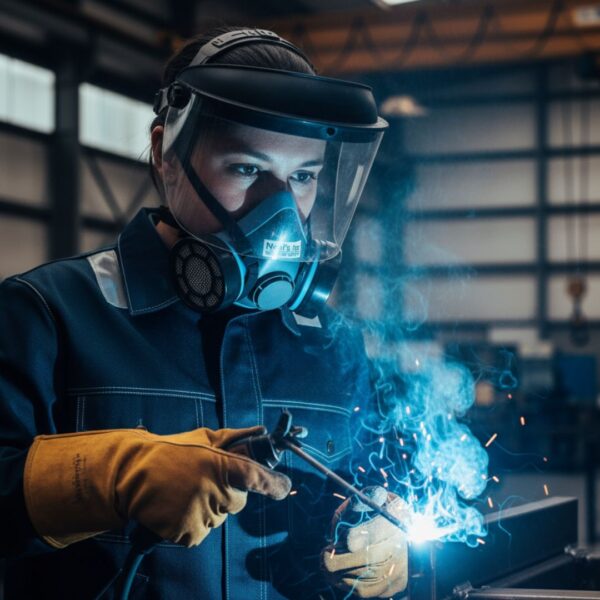 A welder wearing a respirator for crucial protection against airborne welding fumes.
