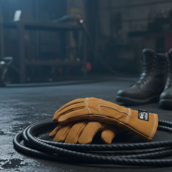 Thick, insulated welding gloves representing protection against hidden electrical hazards.
