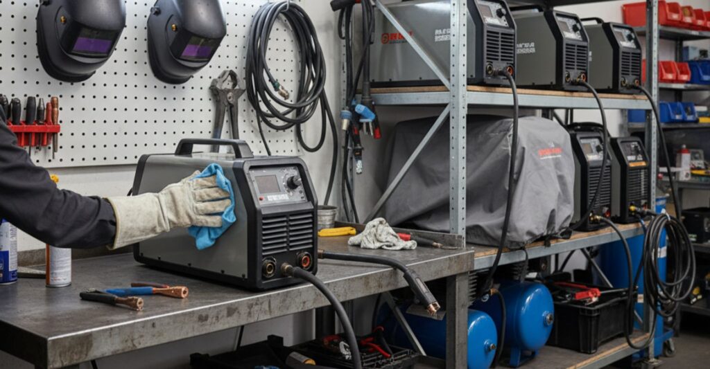 A professional welding station featuring well-maintained welding equipment.