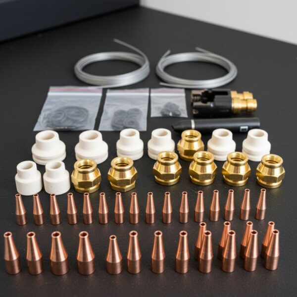 An assortment of new welding tips, nozzles, and other consumables.