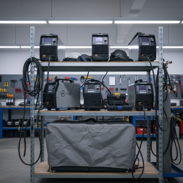Welding gear, including a covered welder, stored neatly on industrial shelving.